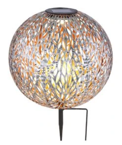 LED Solarleuchte Kugel Aus Metall Mit Dekorstanzungen Silbergrau Antik - Goldfarbend 270mm Von Globo -Leuchten Verkauf 33627 a