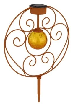 LED Solarleuchte Flache Scheibe Mit Dekorbögen Und Glaskugel Rostfarben Amber 300mm Von Globo