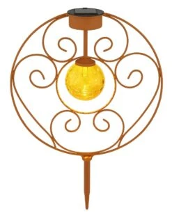 LED Solarleuchte Flache Scheibe Mit Dekorbögen Und Glaskugel Rostfarben Amber 300mm Von Globo -Leuchten Verkauf 36616r c