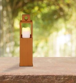 Solar Laterne Innen Mit LED Kerze Metall Rostfarben 13x13x50cm Von Globo -Leuchten Verkauf 36657r am