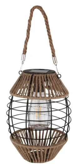 LED Solarlaterne Metall Hanfseil Schwarz Matt Naturfarben 165x405mm Von Globo