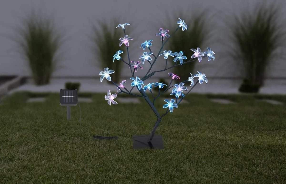 LED Solarlampe 60cm Baum Mit Leuchtenden Blüten LED Weiss Blau Pink Von Globo 8 LED Solarlampe 60cm Baum Mit Leuchtenden Blüten LED Weiss Blau Pink Von Globo – Bild 6