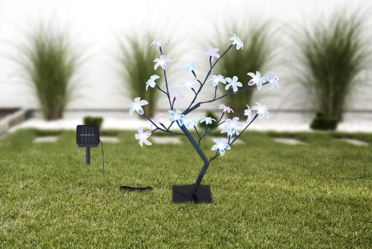 LED Solarlampe 60cm Baum Mit Leuchtenden Blüten LED Weiss Blau Pink Von Globo 7 LED Solarlampe 60cm Baum Mit Leuchtenden Blüten LED Weiss Blau Pink Von Globo – Bild 5