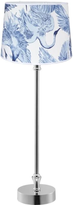 PR Home Liam Schmale Fensterbank Tischlampe Chrom Textilschirm Blau Vogel E27 59x20x20cm