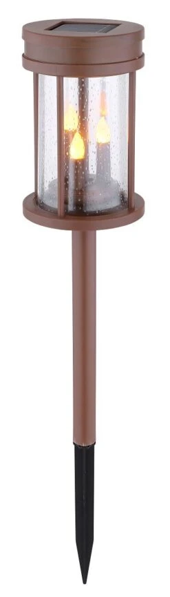 LED Solarlaterne Mit 3 Kerzen Zum Hängen, Stellen Oder Erdspitz LED Flackert Kunststoff Acryl Rostfarben Klar Von Globo -Leuchten Verkauf globo36702 a