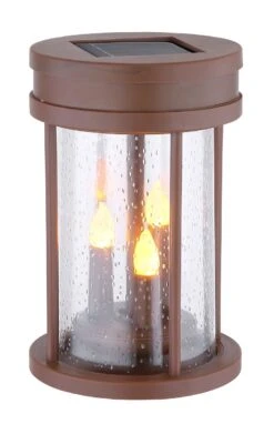 LED Solarlaterne Mit 3 Kerzen Zum Hängen, Stellen Oder Erdspitz LED Flackert Kunststoff Acryl Rostfarben Klar Von Globo -Leuchten Verkauf globo36702 g