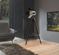 Dreibein Stehleuchte Im Retro Scheinwerfer Look Natur Dunkel Näve Holly E27 -Leuchten Verkauf nve2055342 6